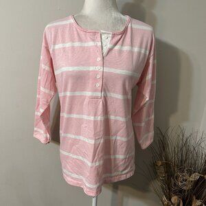 Vtg Favorites Women Striped Henley Shirt Top Pink White 3/4 Sleeve Cotton Sz M